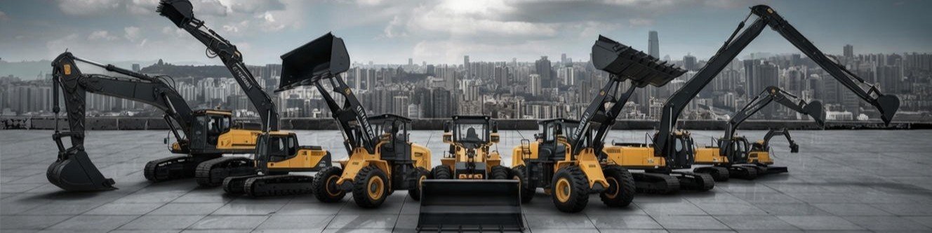 Heavy equipment lineup — excavators and wheel loaders